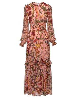 FARM RIO BLUSH PINK / GOLD METALLIC PRINT CHIFFON MAXI DRESS